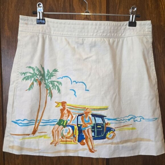 J CREW RARE VINTAGE Ivory Skirt with Beach Surfing Scene Print - Picture 1 of 11